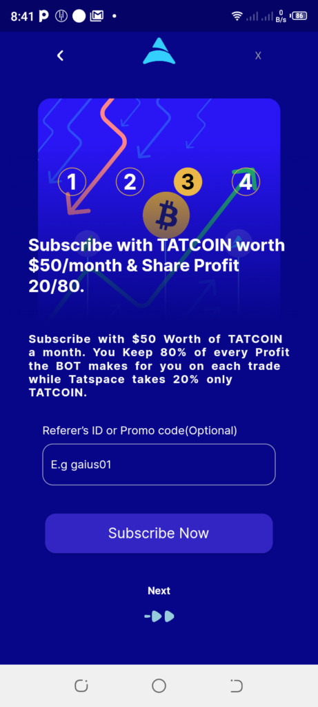 Auto Trader BOT Tatcoin monthly Subscription with $50